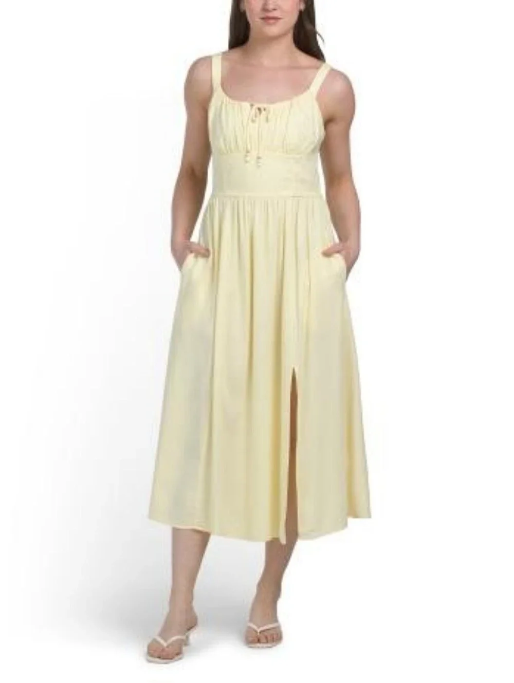 NWT-Ellen Tracy Linen Blend Scoop Neck Fitted Bodice Front Slit Midi Dress- Sz M - Picture 2 of 15
